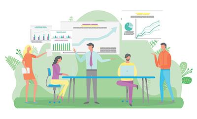 Marketing and pr agency in Wiltshire, UK. Meadow Communications. Board meeting illustration.